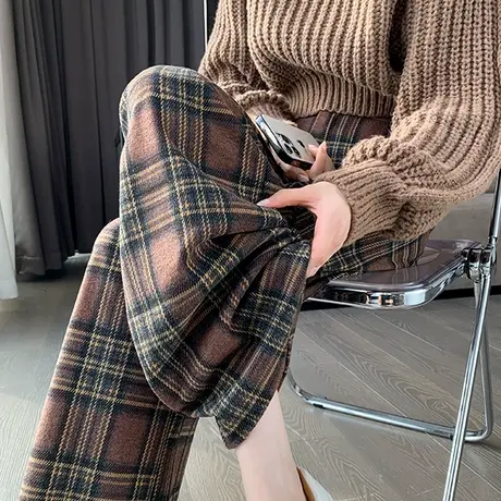 格子毛呢窄版阔腿裤女秋冬季新款高腰显瘦加厚直筒拖地休闲西装裤商品大图