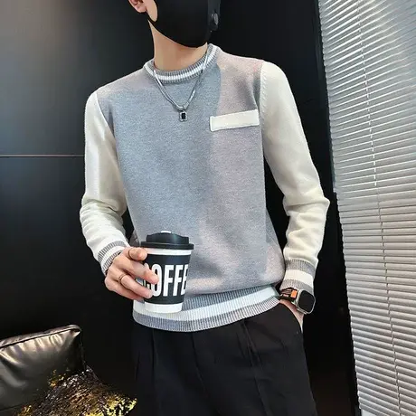 轻熟风秋冬季新款拼色高级感毛衣男网红假两件套头针织打底衫线衣商品大图