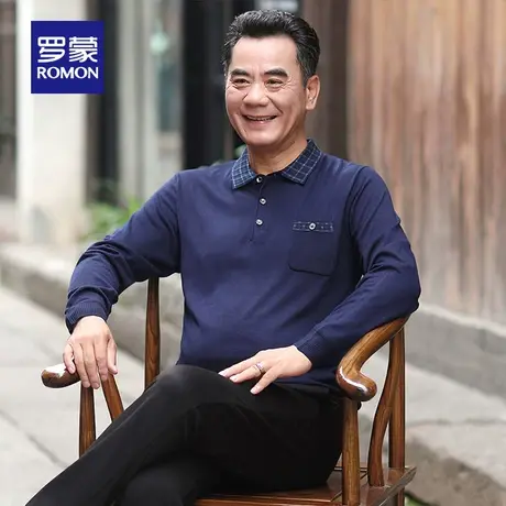 罗蒙男士翻领针织衫2023秋季新款中老年爸爸装时尚休闲口袋款毛衣商品大图