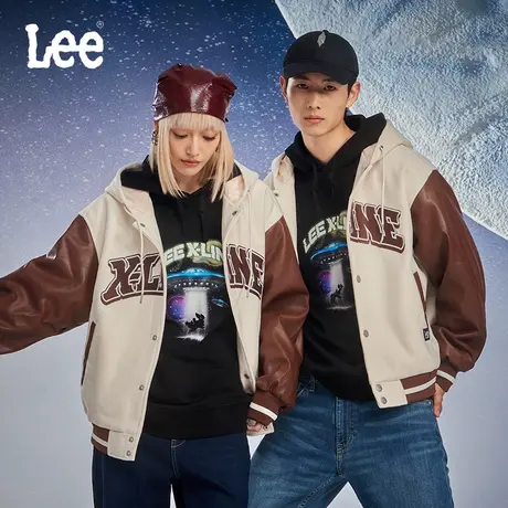 LeeXLINE23秋冬新品舒适学院风米色男女同款连帽棉服撞色仿皮袖图片