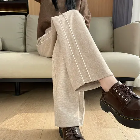 杏色窄版阔腿裤女冬季新款加厚高腰直筒宽松显瘦休闲运动拖地裤子商品大图