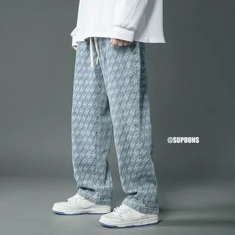 满印字母美式复古直筒牛仔裤男秋冬季新款宽松阔腿裤潮流休闲裤子商品大图