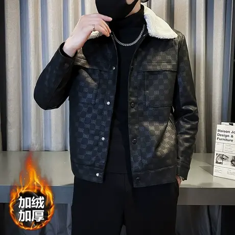 2023秋冬男士加绒皮衣韩版修身夹克外套羊羔毛翻领皮夹克精神小伙图片