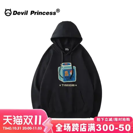 ulzzang小众古着感黑色连帽卫衣女大版宽松无性别穿搭套头上衣潮商品大图