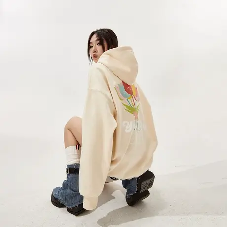 YEP美式复古连帽加绒卫衣女秋冬2023年新款街头潮牌宽松加厚外套商品大图