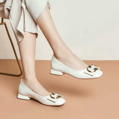 2023年春季新款纯色单鞋女浅口方头稳健粗跟复古素雅五色可选商品大图