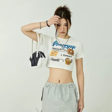 美式辣妹紧身短款上衣夏季2023新款复古街头潮牌纯棉短袖t恤女ins商品大图