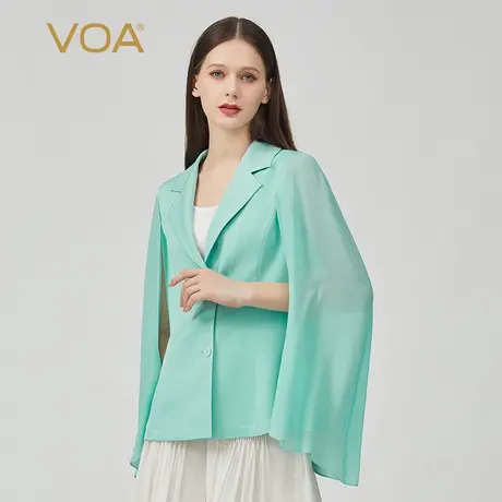 VOA40姆米双面乔重磅真丝西装领拼接乔其飞飞袖披肩桑蚕丝外套图片