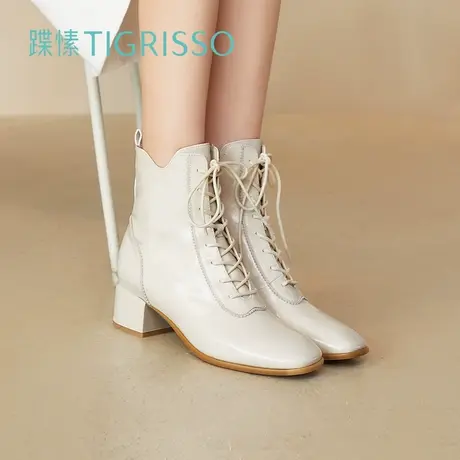 蹀愫冬季方头绑带粗跟增高短靴暗黑马丁靴TA41702-13t商品大图