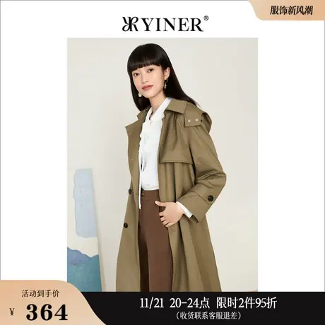 *Goodland美地女装秋季中长款连帽系带工装风衣商品大图