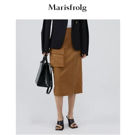 【时尚百搭】玛丝菲尔秋季卡其色时尚显瘦拉链工装半身裙商品大图