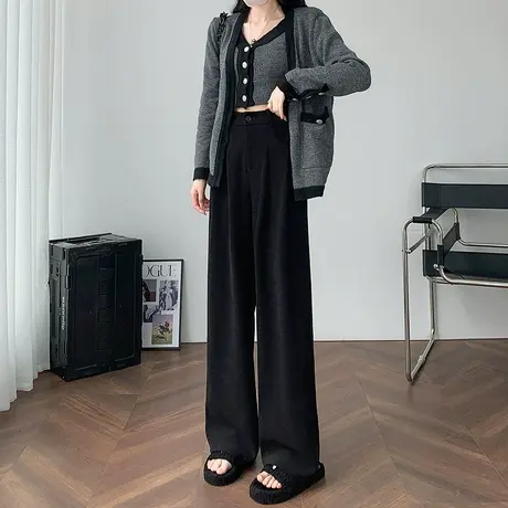 黑色灯芯绒高级感西装裤女冬季新款高腰窄版直筒小个子加绒阔腿裤商品大图