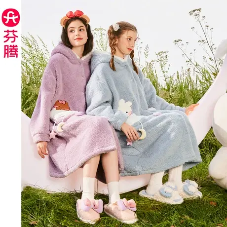 芬腾布朗熊睡袍女珊瑚绒连帽秋冬季睡衣加绒加厚法兰绒休闲家居服图片