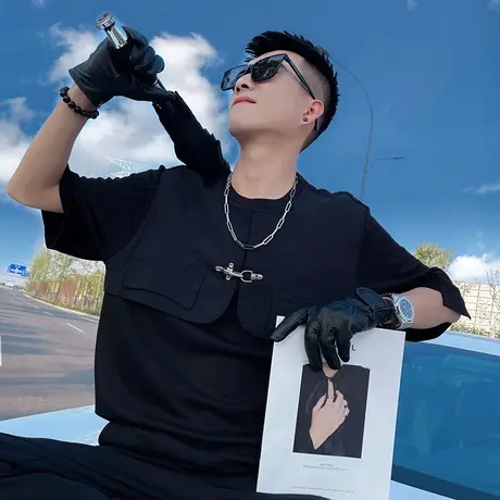 夏季时尚潮牌个性拼接假两件设计感上衣短袖t恤痞帅刷街半袖体恤商品大图