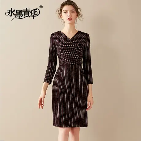 水墨青华冬季新品时尚修身显瘦打底针织裙优雅百搭提花连衣裙图片