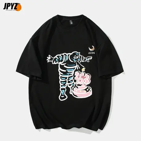 夏季短袖男潮牌新款美式上衣宽松情侣装圆领纯棉卡通印花T恤体恤商品大图