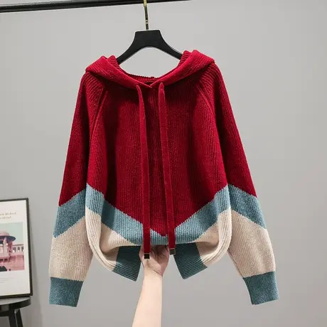 毛衣上衣外套女2023春季新款长袖针织衫连帽系带拼色套头韩版宽松商品大图