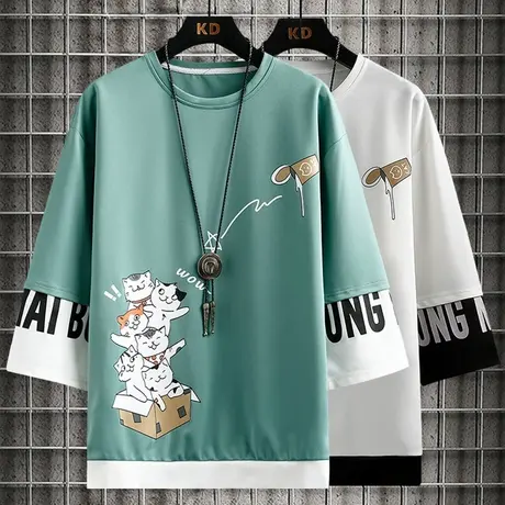 卡通短袖t恤男士潮牌宽松夏季冰丝七分袖体恤青少年五分半袖衣服图片