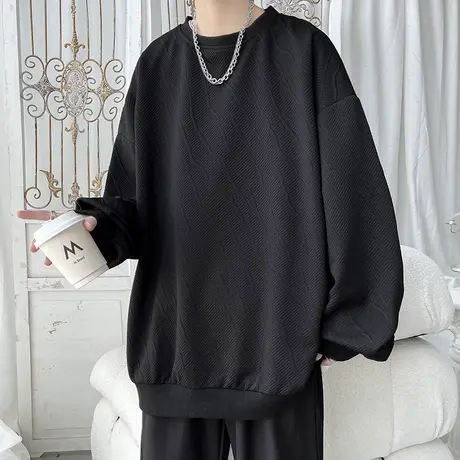 长袖t恤男春秋季新款纯色肌理感潮牌体恤衫T宽松大码圆领男士卫衣商品大图