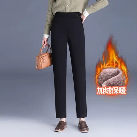 黑色保暖直筒裤女2023秋冬新款高腰显瘦中年加绒简约休闲通勤长裤商品大图