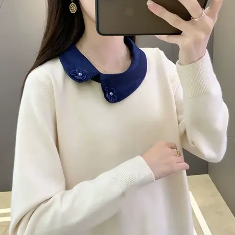 秋装设计感撞色套头针织衫女早秋薄款上衣温柔优雅洋气套头毛衣女图片