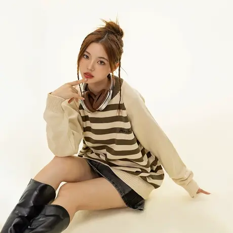 拼接插肩袖条纹毛衣女秋冬2023年新款韩系慵懒复古宽松针织衫上衣图片