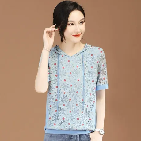 韩潮袭人假两件连帽碎花短袖雪纺衫2024夏新款蕾丝t恤薄体恤上衣图片