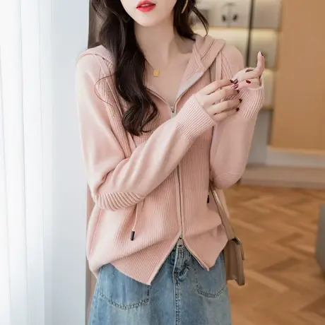 连帽拉链针织开衫外套女秋季纯色卫衣2023新款女士上衣高级感毛衣图片
