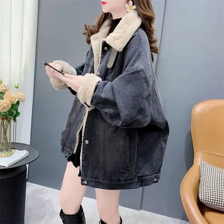 港风复古羊羔毛加绒牛仔外套女2023秋冬新款宽松时尚加厚百搭上衣商品大图