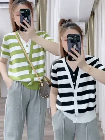 欧货2023夏季新款韩版拼接V领短袖针织开衫百搭洋气休闲上衣女潮商品大图