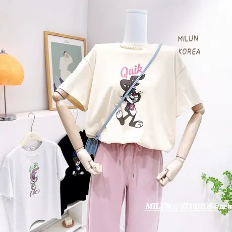 韩国东大门别致上衣2023春夏款设计感珍珠重工短袖T恤高级感欧货图片