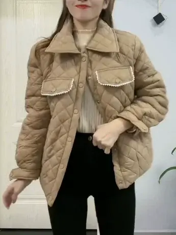 2023秋冬新款菱格小香风夹棉短外套轻薄小棉衣女韩版洋气翻领棉服图片