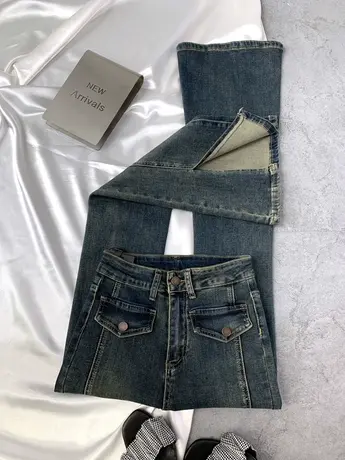 假口袋复古牛仔开叉喇叭裤2023秋季新款小众显瘦百搭高腰马蹄长裤商品大图