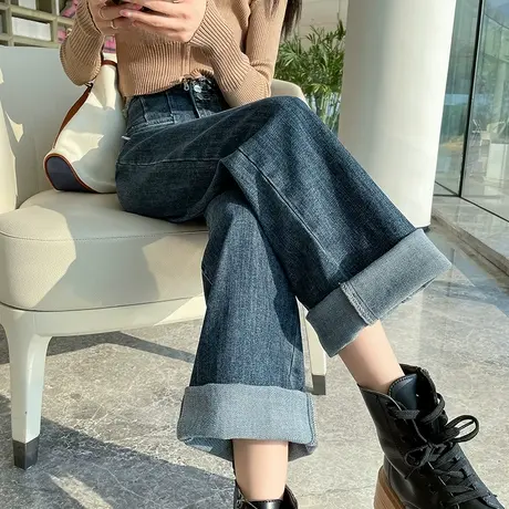 高腰牛仔裤女秋冬直筒裤子港味复古2023年新款宽松大码垂感阔腿裤商品大图