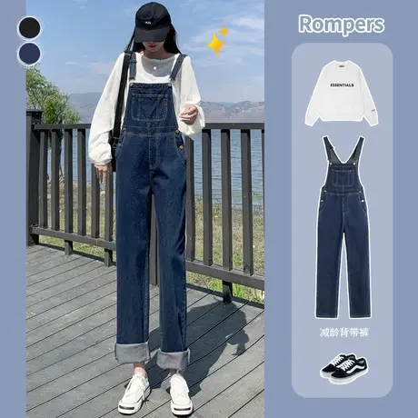 牛仔背带裤女春装2023年新款深蓝色时尚宽松减龄阔腿裤直筒裤子女商品大图