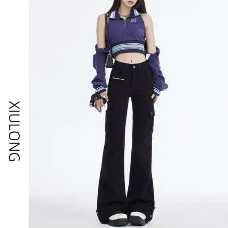 黑色高腰工装微喇牛仔裤女春秋季2023年新款显瘦休闲马蹄喇叭裤子图片