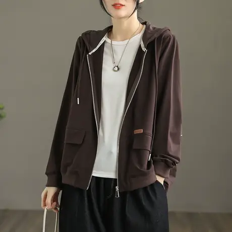 dza 纯棉休闲短款女士外套2022新款连帽长袖大码上衣秋季宽松夹克图片