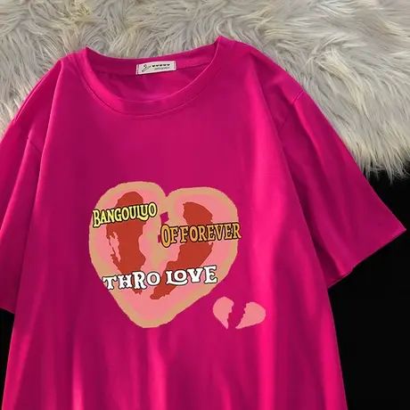 2024夏季新款韩版港味百搭爱心纯棉短袖T恤女ins潮宽松慵懒风上衣图片