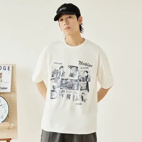 奕飏微宽松复古卡通印花白色短袖t恤男简约百搭夏季潮流半袖体恤图片