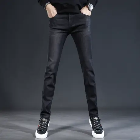 秋冬薄绒牛仔裤男2023新款秋季潮牌修身小脚黑色水洗男士弹力长裤商品大图