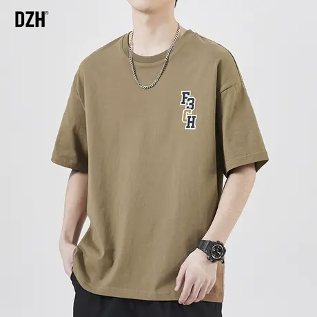 男士夏季刺绣t恤男短袖纯棉卡其色美式上衣2023新款宽松圆领体恤商品大图