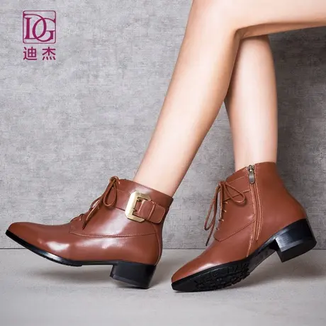 DG迪杰 秋季单靴短靴牛皮中跟系带马丁靴粗跟英伦靴子女靴裸靴商品大图