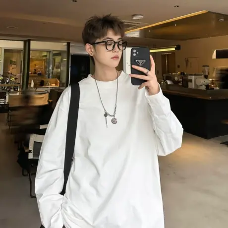 纯棉白色长袖T恤男夏季休闲打底衫薄款宽松大码oversize卫衣潮牌商品大图