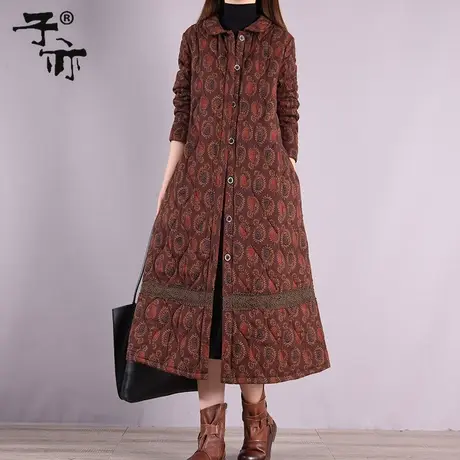 子亦冬装新款复古印花宽松大码单排扣妈妈装夹棉棉衣外套冬图片