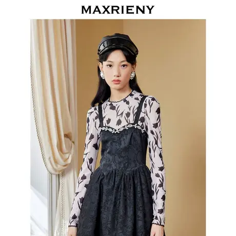 [买4免1]MAXRIENY黑色蕾丝打底衫2022秋季印花皮肤衣修身上衣图片