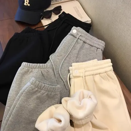 ins潮牌松紧腰阔腿卫裤女冬季宽松显瘦加绒加厚百搭休闲运动长裤商品大图