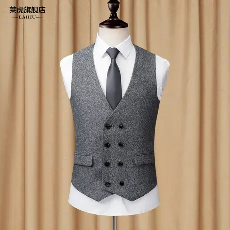 秋季新款双排扣复古西装马甲男士时尚韩版灰色马夹男修身背心坎肩商品大图