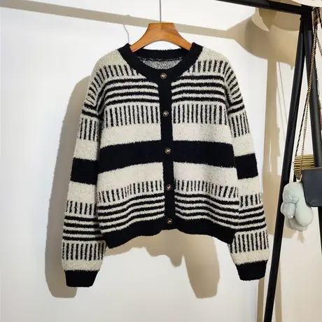 复古条纹撞色毛衣开衫外套女秋冬新款宽松圆领设计感小众加厚上衣商品大图