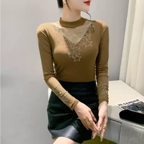 性感网纱圆领打底衫长袖时尚拼接镂空花边烫钻洋气上衣女修身T恤图片