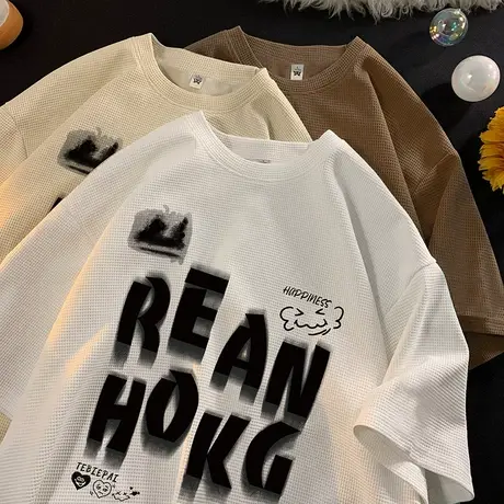 华夫格短袖T恤男潮牌夏季宽松半袖上衣打底ins美式字母印花体恤衫商品大图